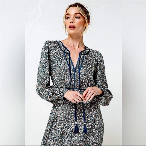 Boho Floral Maxi Dress | Navy Blue Long Sleeve Ruffle Hem Dress with Tassels - Picture 4 of 5